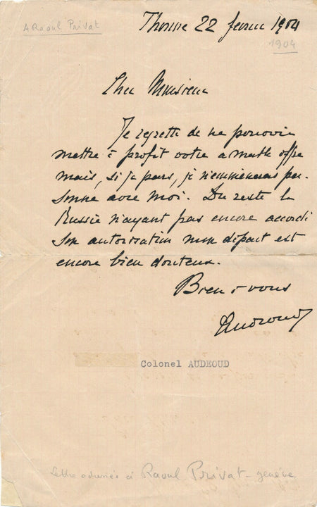 Alfred AUDEOUD militaire suisse colonel lettre autographe signée Russie départ