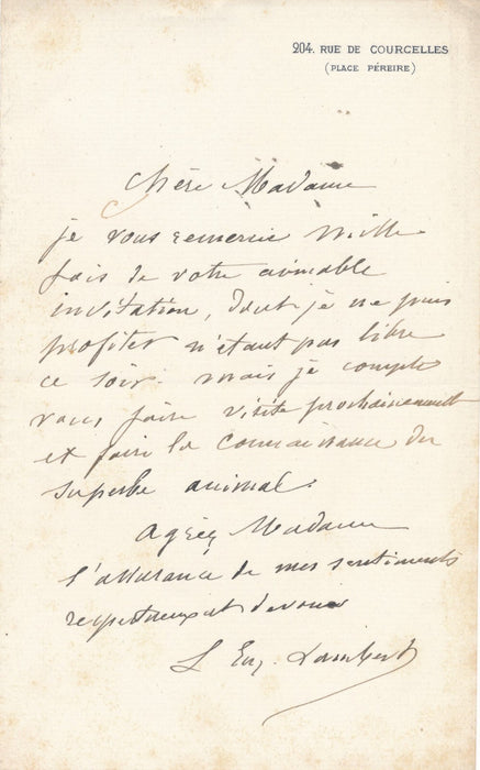 peintre animalier Eugène LAMBERT animal jolie bête 2 lettres autographe 1 carte