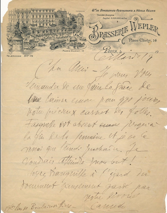 Littérature Ricciotto CANUDO lettre autographe signée Brasserie Wepler Fasquelle