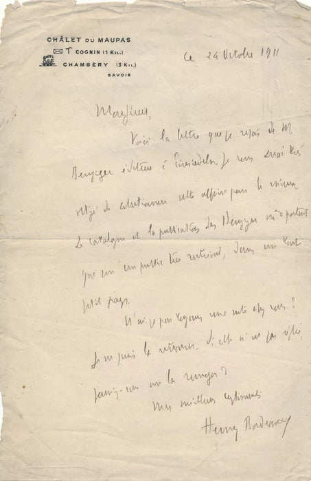 5 documents autographes Henry BORDEAUX Taponier Bellet Mainguet