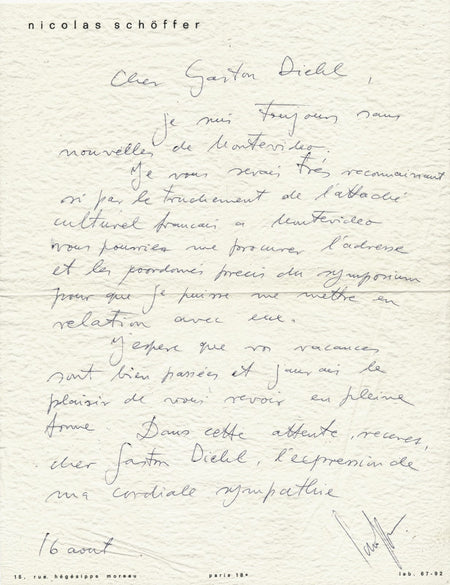 art Nicolas SCHÖFFER (1912-1992) Lettre autographe signée Gaston DIEHL