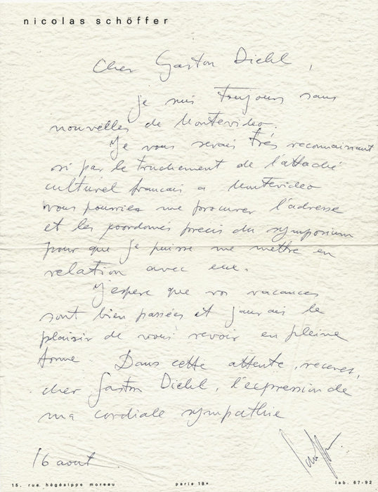art Nicolas SCHÖFFER (1912-1992) Lettre autographe signée Gaston DIEHL