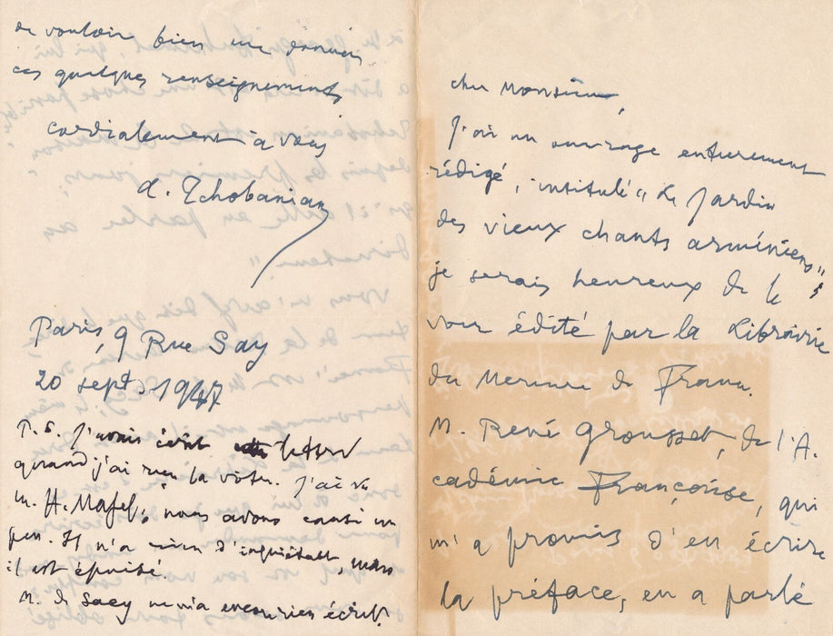 Archag TCHOBANIAN 2 lettres autographes signées Jardin des vieux chants arménien