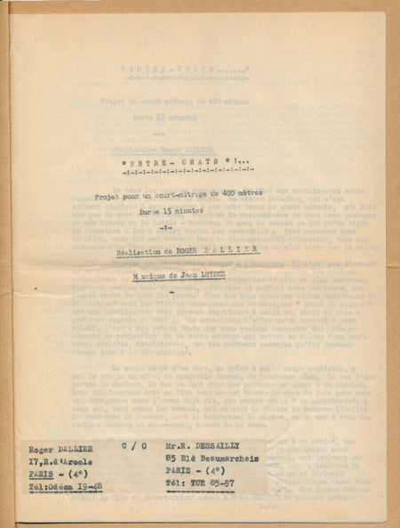 Cinéma Roger Dallier manuscrit signé 15 pages sur les chats Colette non réalisé