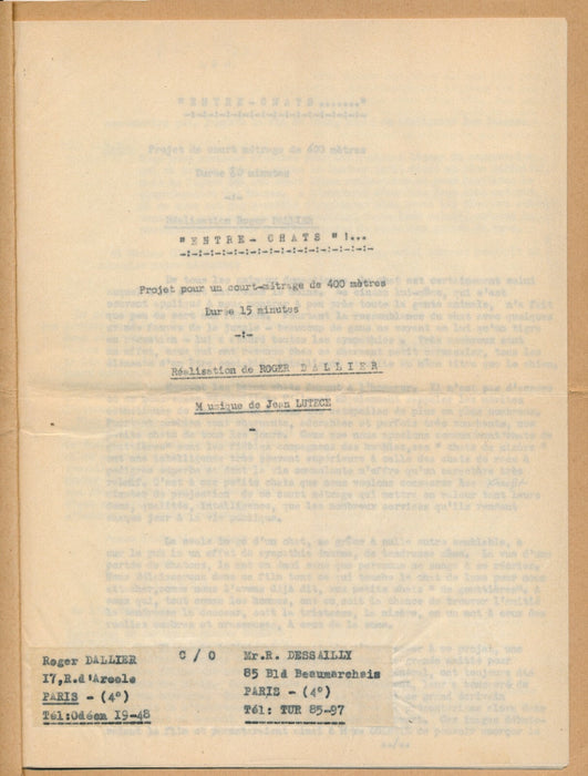 Cinéma Roger Dallier manuscrit signé 15 pages sur les chats Colette non réalisé