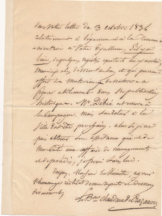 CHAUDRUC DE CRAZANNES archives de Montauban lettre autographe signée