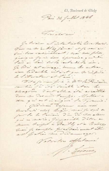 Jean-Léon GÉRÔME sensible tristesse princesse Mathilde lettre autographe