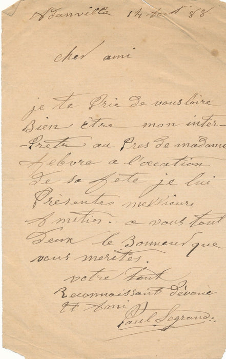 Paul LEGRAND 1816-1898 célèbre mime lettre autographe signée à Frederic Febvre