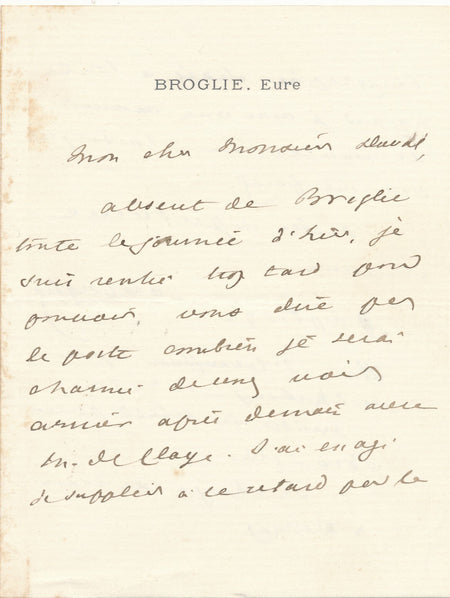 Albert de BROGLIE reçoit avec plaisir M. de Claye lettre autographe signée