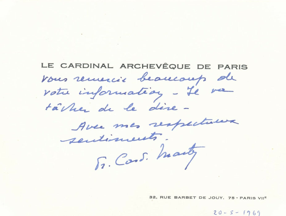 François Marty (1904-1994), cardinal religion carte autographe signée Pie XII