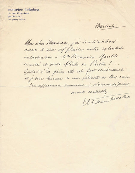 Maurice DEKOBRA lettre autographe signée Rostand Madame de Récamier