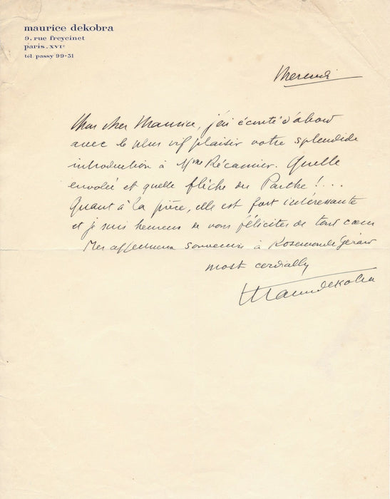 Maurice DEKOBRA lettre autographe signée Rostand Madame de Récamier