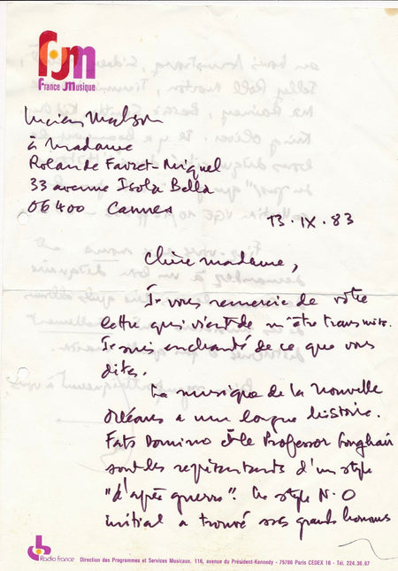 Musique Lucien Malson Jazz lettre autographe signée Nouvel Orléans musiciens