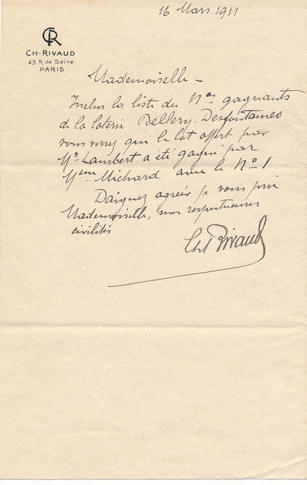 Charles RIVAUD décorateur lettre autographe signée loterie Bellery-Desfontaines