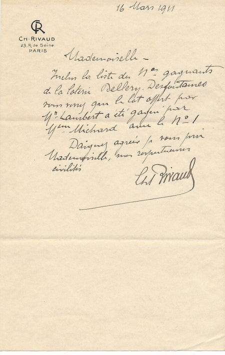 Charles RIVAUD décorateur lettre autographe signée loterie Bellery-Desfontaines