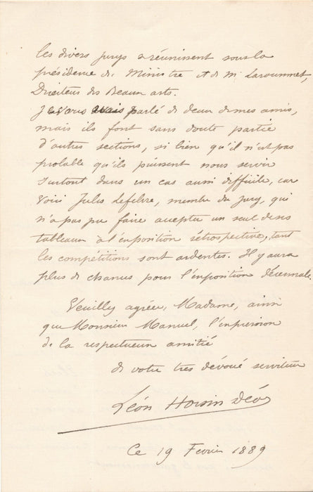 Belle lettre Léon HORSIN-DÉON sur le jury Exposition universelle peinture 1889