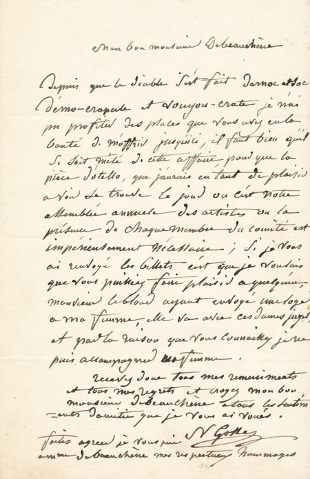 peintre Nicolas GOSSE à de Beauchesne places spectacle lettre autographe Othello