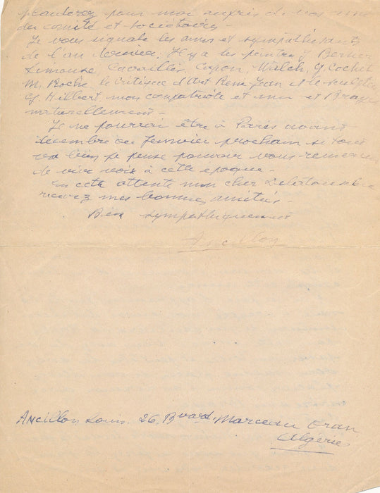 Louis ANCILLON peintre Algérie lettre autographe signée à G. Delatousche Oran