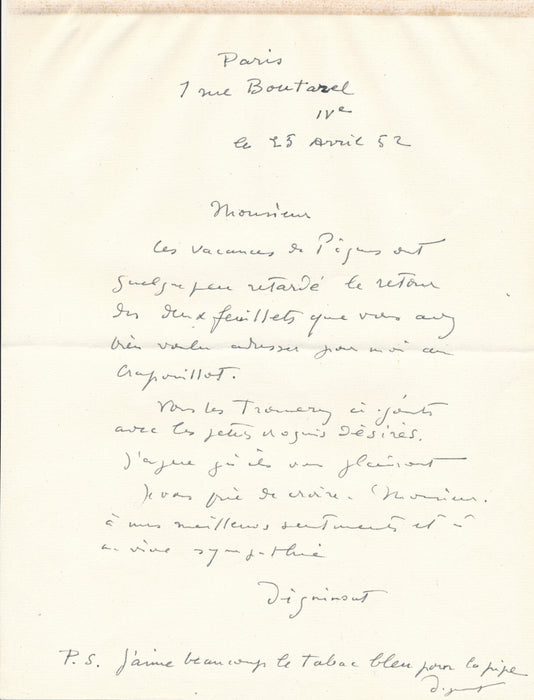 peintre André DIGNIMONT Crapouillot illustration lettre autographe signée tabac