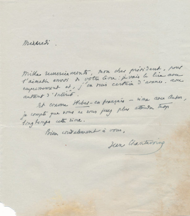 Musique Jean CHANTAVOINE musicologue Weber Auber lettre autographe signée