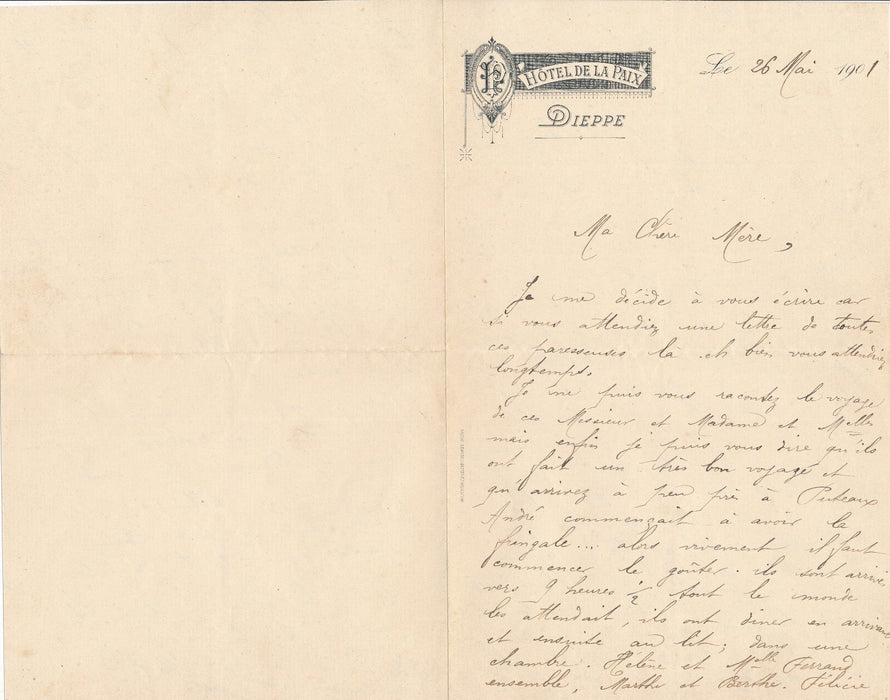 Lettre manuscrite en tête de Hôtel de la Paix Dieppe enveloppe Meudon Douillet