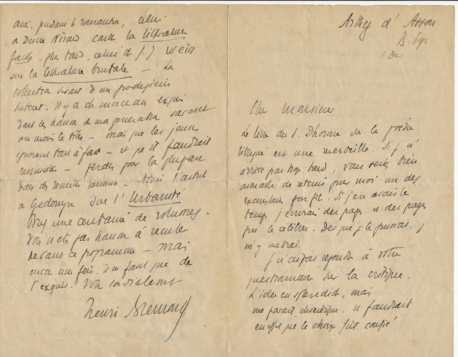 Bibliophilie Abbé Henri Bremond lettre autographe signée editeur Dhorme