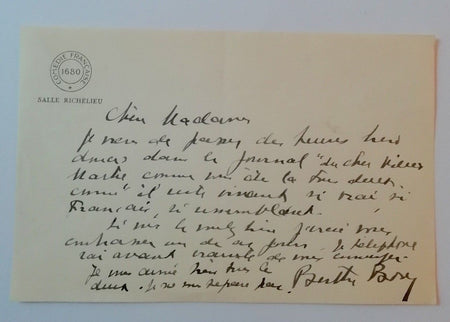 Berthe Bovy lettre autographe signée Maurice Donnay hommage Comédie Française