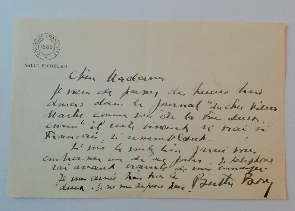 Berthe Bovy lettre autographe signée Maurice Donnay hommage Comédie Française