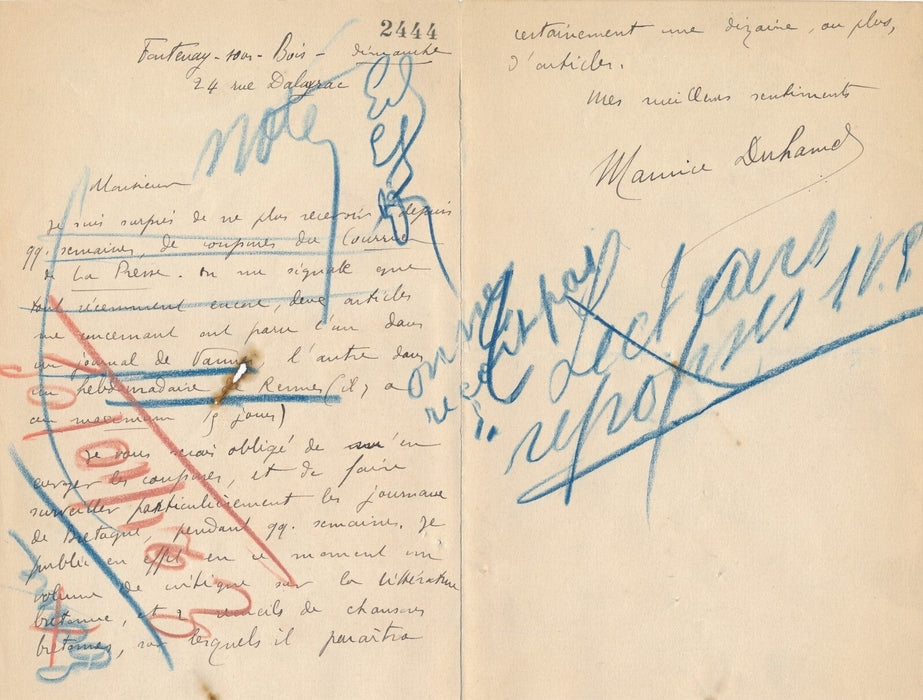 Maurice DUHAMEL littérature Bretagne chansons bretonnes lettre autographe signée