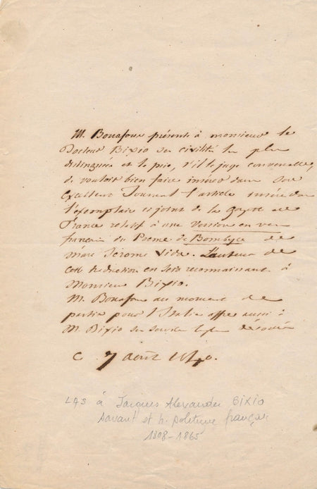 agronome Mathieu Bonafous lettre autographe signée Alexandre Bixio Marco Vida