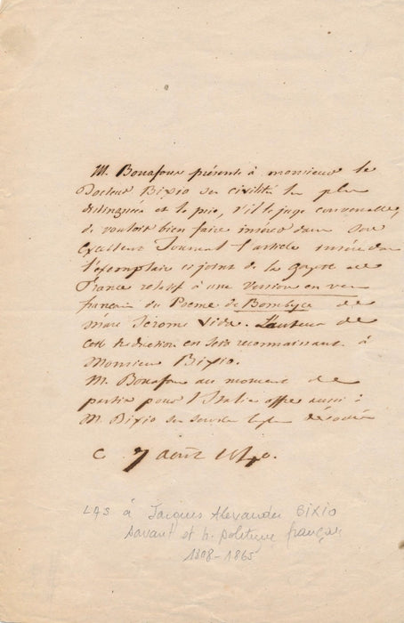 agronome Mathieu Bonafous lettre autographe signée Alexandre Bixio Marco Vida