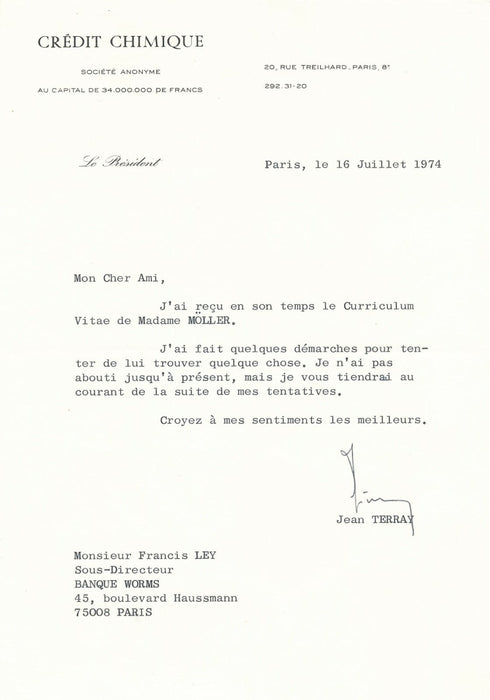 Banque Jean TERRAY Lettre signée carte autographe visite photo Crédit chimique