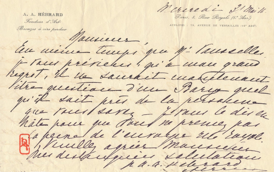 Fondeur Adrien Aurélien HÉBRARD lettre signée pour au sujet d'un Barye