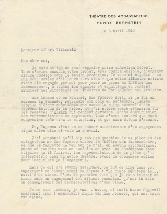 Henry BERNSTEIN à Albert WILLEMETZ 4 lettres Elvire Popesco probleme !