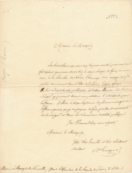 SÉNÉGAL Jacques François ROGER lettre autographe signée colonialisme