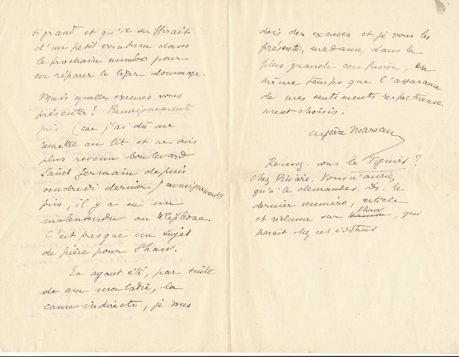 Eugène MARSAN précise ses idées politiques 2 lettres autographes signées Maurras