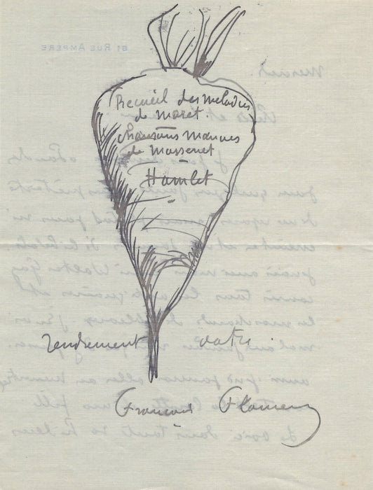 François FLAMENG Lettre autographe signée avec dessin carotte humour Walter Gay