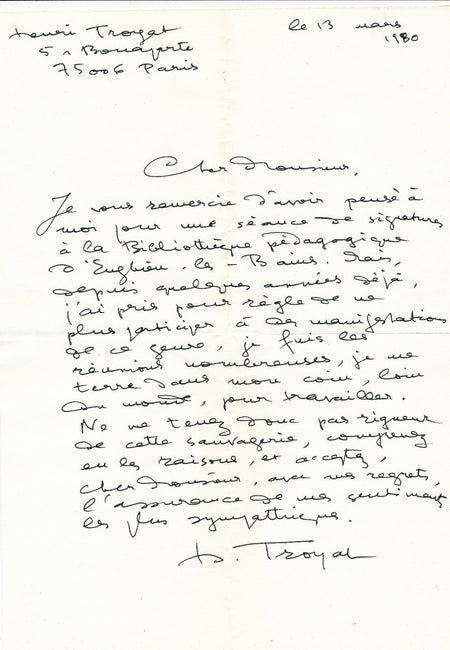 écrivain Henri Troyat lettre autographe signée s'isole pour écrire 13 mars 1980 