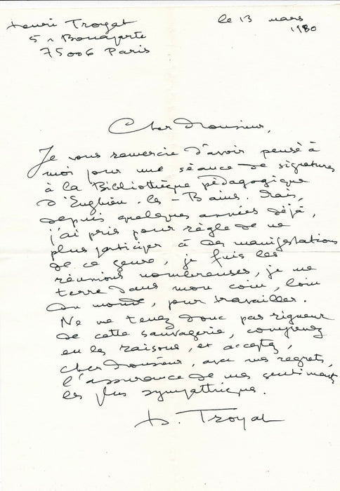 écrivain Henri Troyat lettre autographe signée s'isole pour écrire 13 mars 1980 