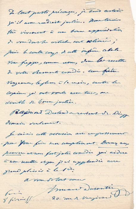 Théâtre Armand DURANTIN sifflets à la Première  J. de Prémaray lettre autographe