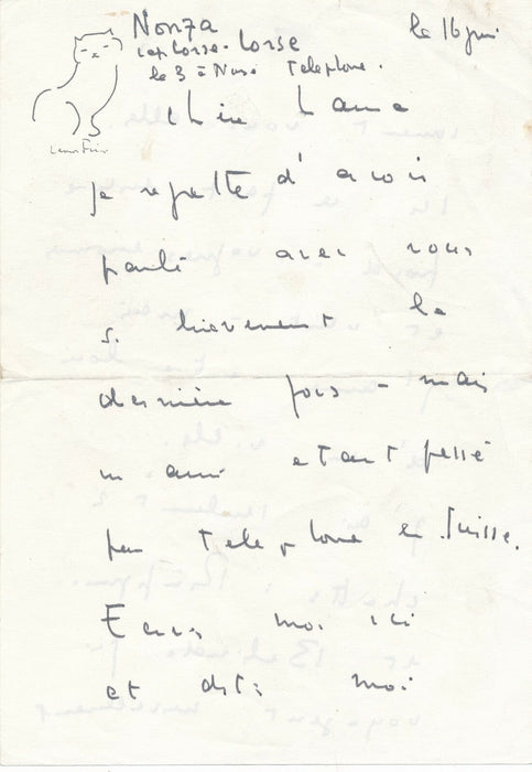 Léonor FINI lettre autographe signée et petit dessin tête de chat ! Nonza Corse