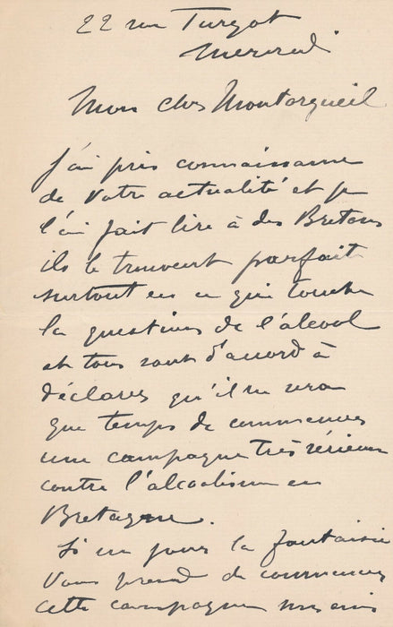 François-Rupert CARABIN contre l'alcoolisme en Bretagne lettre autographe signée