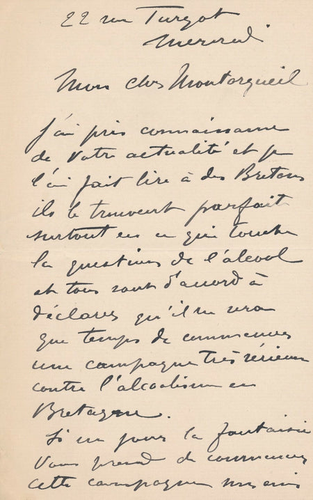 François-Rupert CARABIN contre l'alcoolisme en Bretagne lettre autographe signée