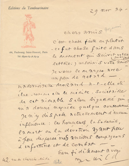 Roger WILD peintre sans ses amis de combat : lettre autographe signée 1934