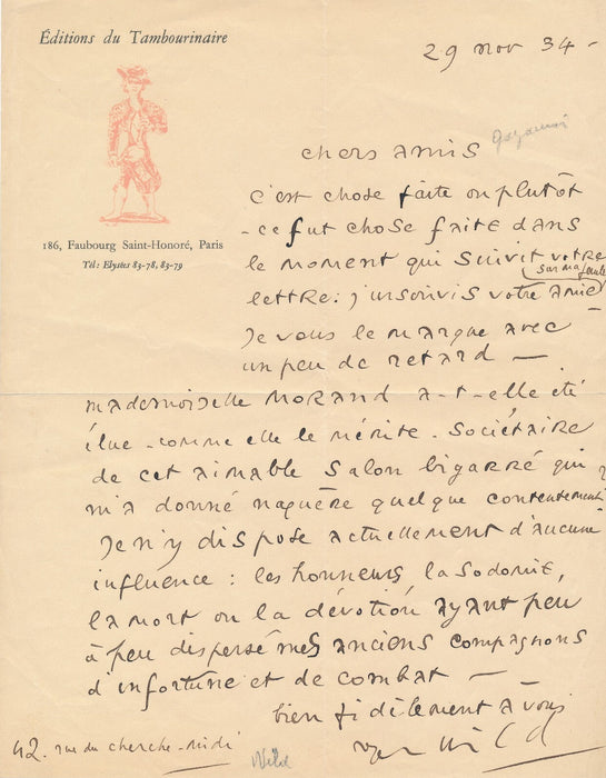 Roger WILD peintre sans ses amis de combat : lettre autographe signée 1934