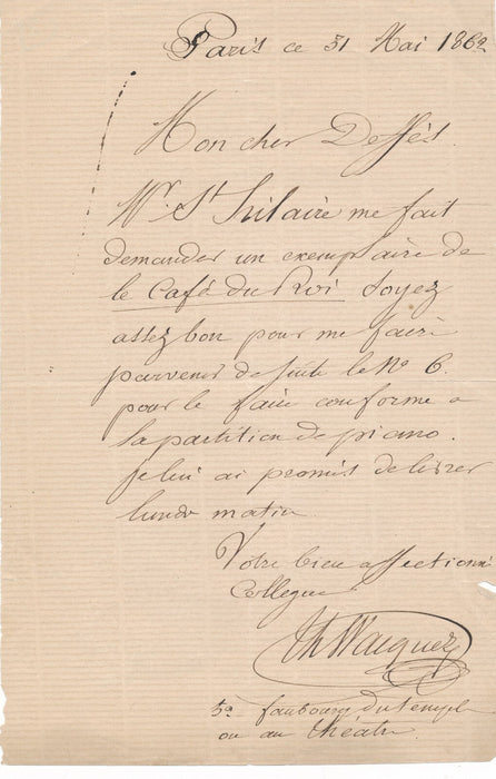 2 lettres autographes signées musique compositeur Louis DEFFÈS Café du Roi Girod