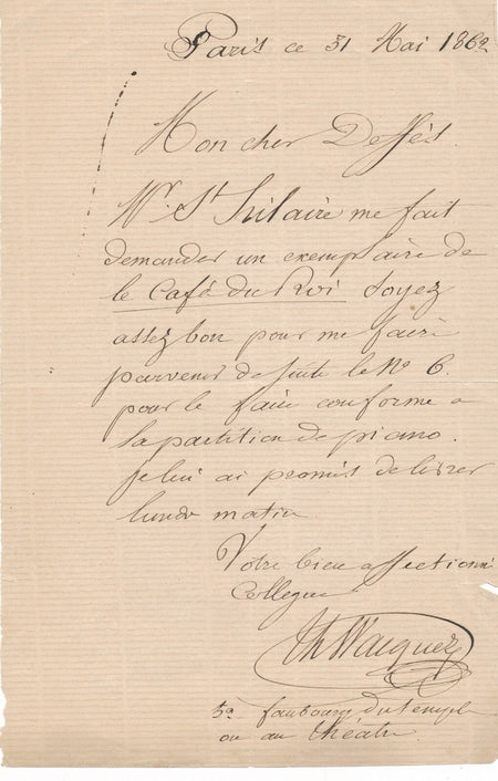 2 lettres autographes signées musique compositeur Louis DEFFÈS Café du Roi Girod