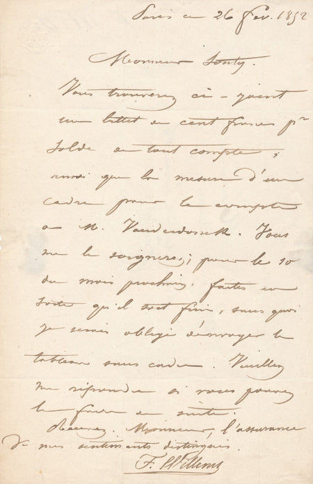 Florent Joseph Marie WILLEMS au doreur Antoine SOUTY lettre autographe signée