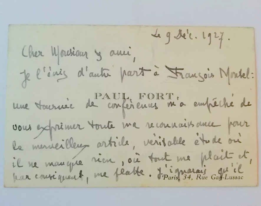 bel ensemble autographe Paul FORT 2 lettres 2 cartes 1 lettre épouse dédicace