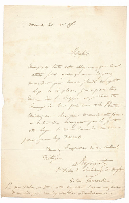 Alexandre ROPICQUET violoniste violon à disposition lettre autographe signée